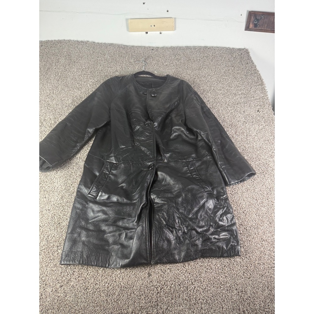 Vintage Black Leather Trench Coat Collarless Mid-Length Button Front Jacket